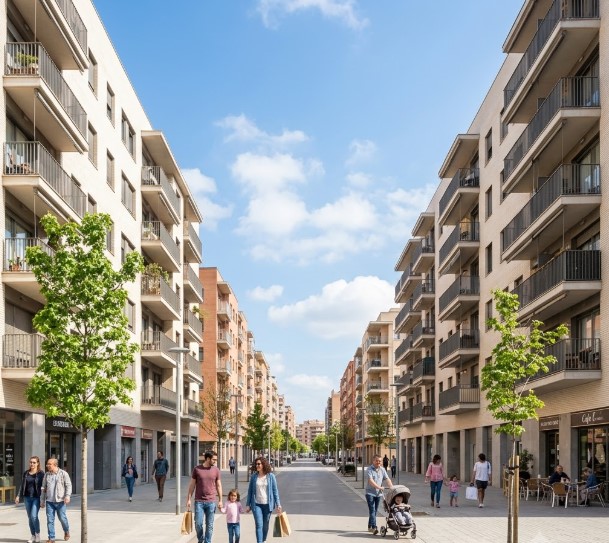 Avenidas, bloques residenciales y entorno urbano moderno del barrio de Tres Torres en Granollers